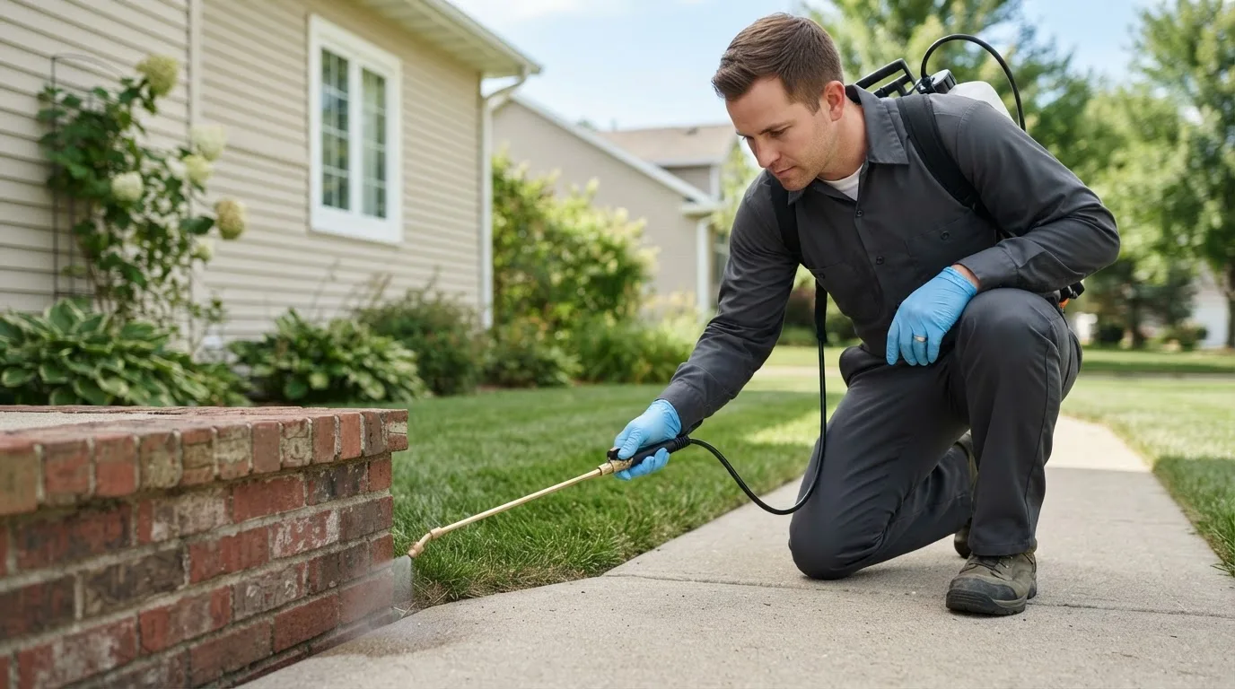 Pest control technician treating a home near Lyle, WA